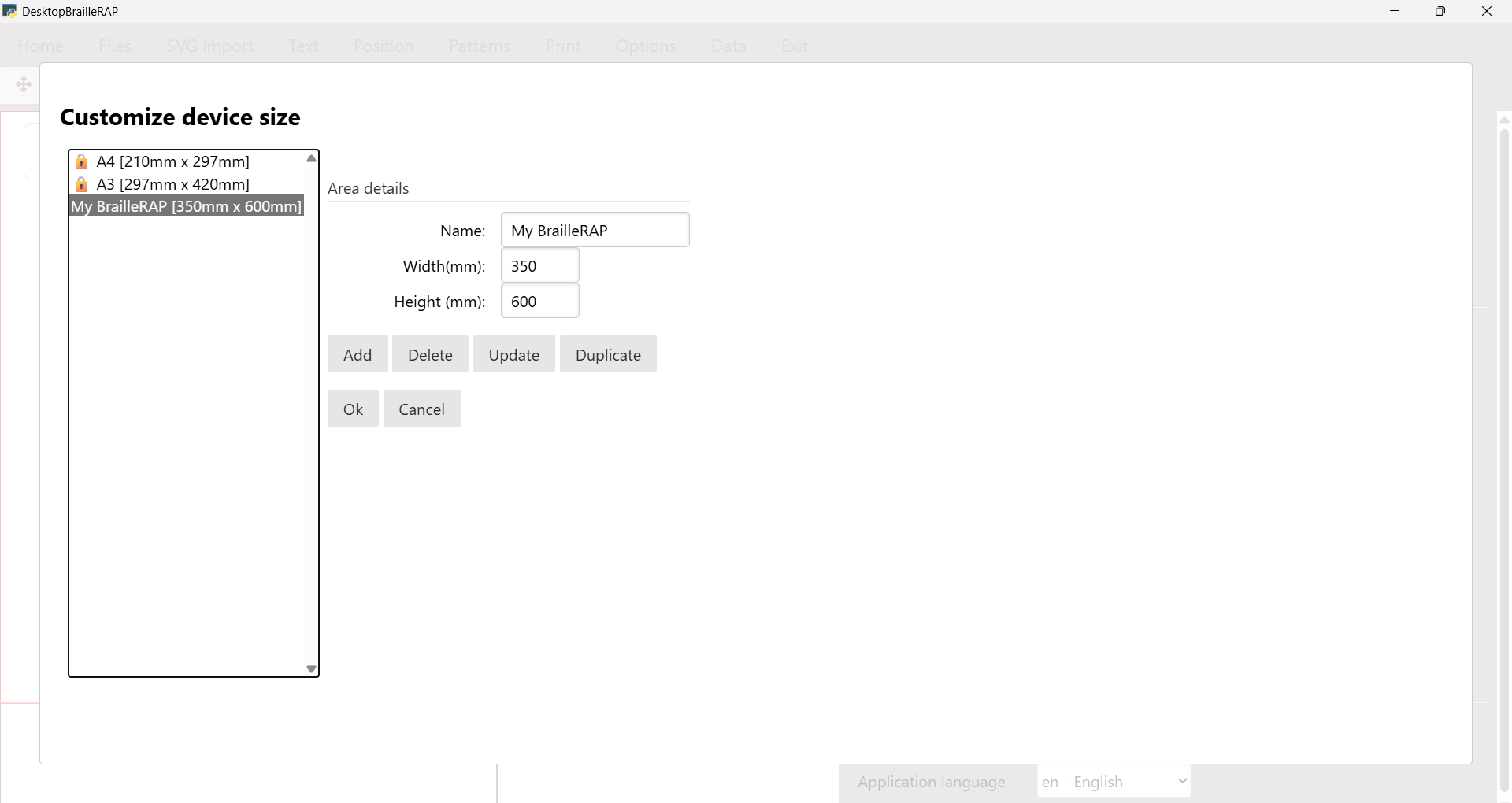 BrailleRAP size edition dialogbox screenshot